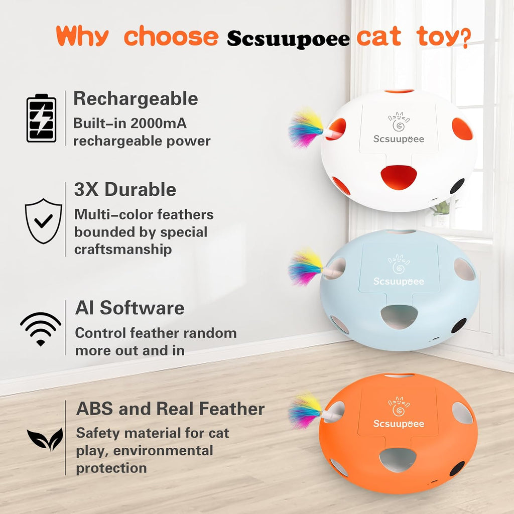 IInteractive Cat Toy, Electric Cat Toys for Moving Concealed Feathers, Smart Sensor 7 Holes Whack a Mole Feather Toy, USB Charge Automatic Kitten Toys,orange