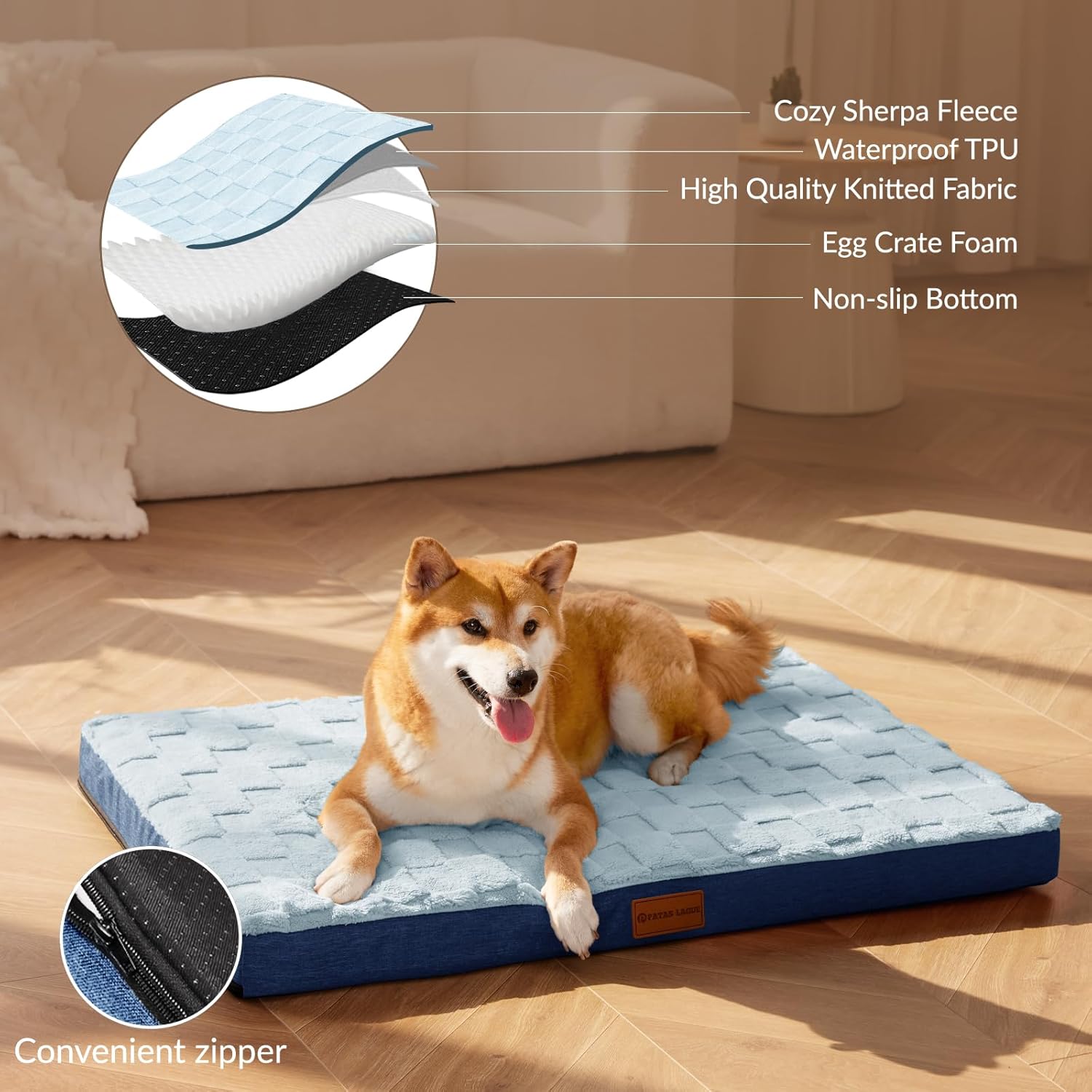 Orthopedic Dog Bed Waterproof Soft Comfortable Egg Crate Foam Large Pet Beds Crate Mat with Removable Washable Cover and Nonskid Bottom, (Blue)