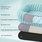 Human Dog Bed for Adult - Luxury Striped Faux Fur Giant Dog Bed with Portable Handle, Egg Orthopedic Foam Pad with Thick Blanket,Blue