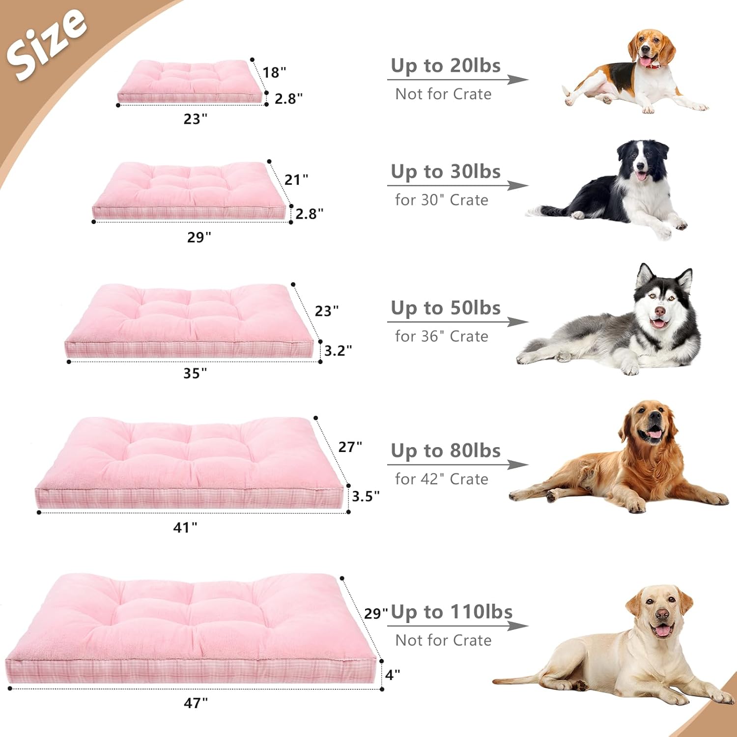 Washable L Dog Bed for Large Dogs with Anti-Slip Bottom, Premium Foam Pet Pad for Crate for Large Medium Small Sized Puppies(Pink)