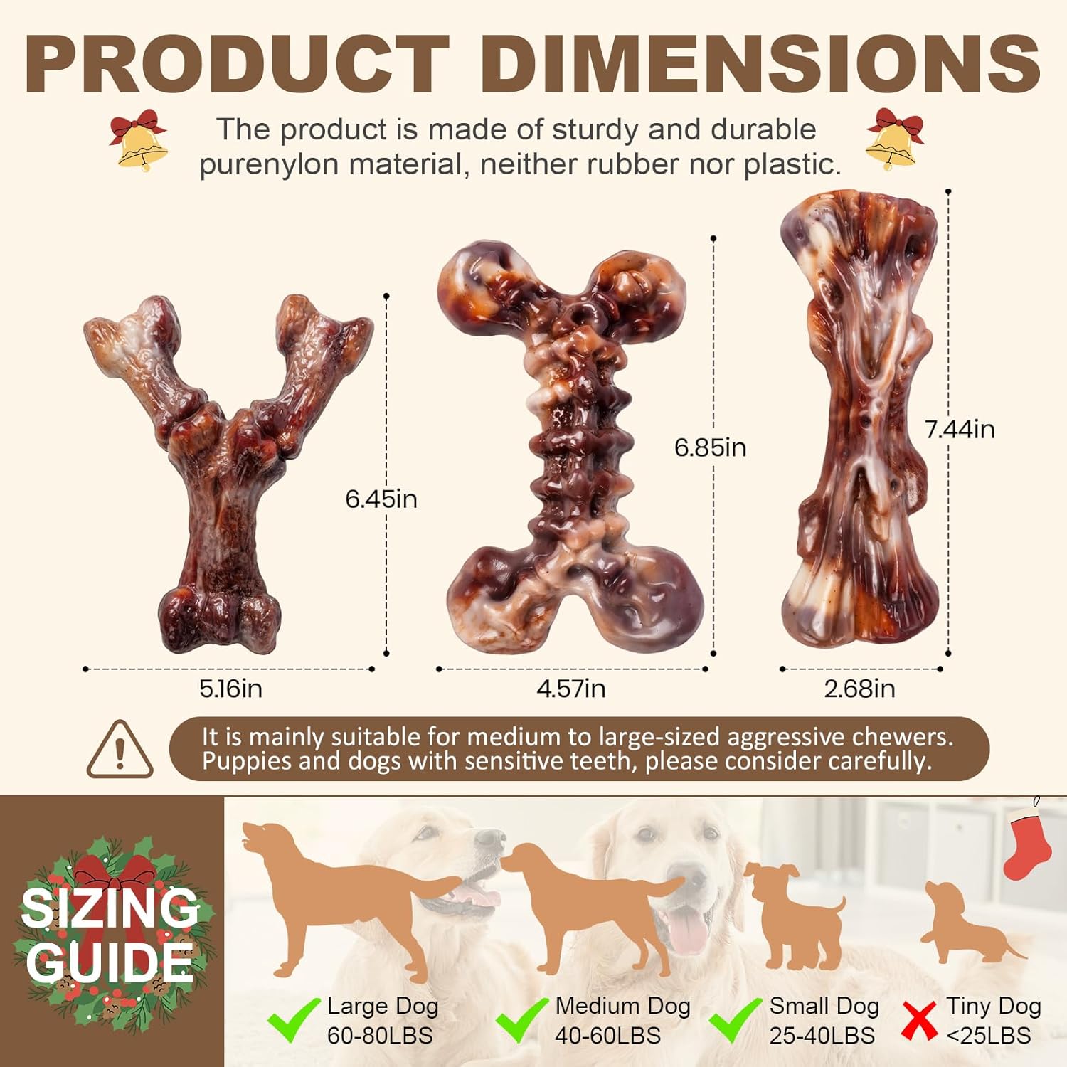 Dog Toys for Aggressive Chewers - 3 Pack Bacon Flavored Indestructible Dog Toy, Big Tough Chew Bone for Medium Large Breed 25-80lbs to Keep Them Busy, Happy Dog Gift (Brown)