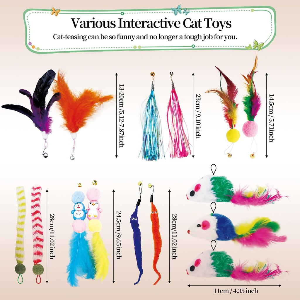Cat Wand Toy Accessories, Cat Feather Toy Attachments Replacements, Mouse Toy and Tassels Strip for Indoor Cats Kitten
