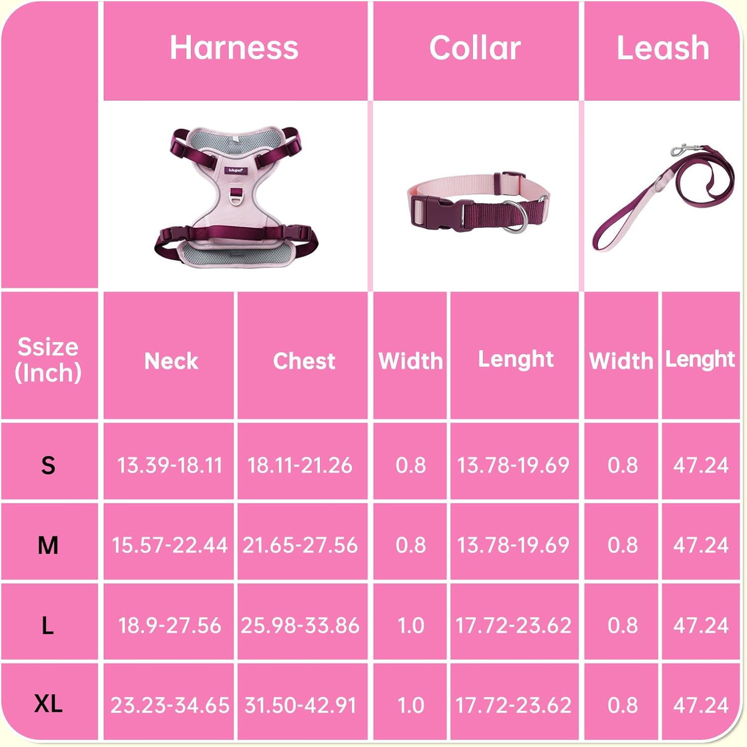 Reflective Dog Harness, Leash & Collar Set (Pink)