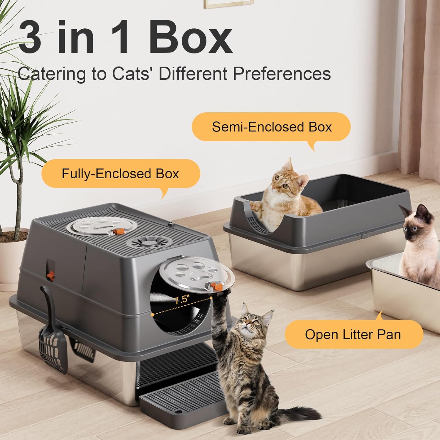 Steel Litter Box with Lid XL Extra Large Litter Box Enclosed Top Entry Metal Litterbox for Big Cats Easy Cleaning Less Leakage & High Sided with Mat Aisle & Scoop