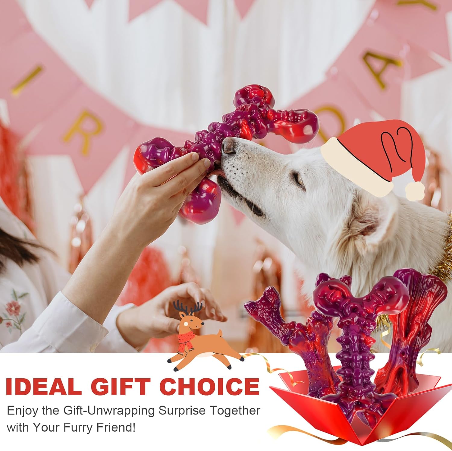 Indestructible Dog Toys for Aggressive Chewers 3-Pack: Tough Nylon Chew Toys for Medium & Large Dogs 25–80 lbs, Beef Flavor, Heavy-Duty Dog Chew Bone, Holiday Dog Gift (Red)