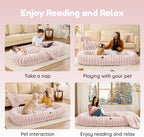 Human Dog Bed for Adult - Luxury Striped Faux Fur Giant Dog Bed with Portable Handle, Egg Orthopedic Foam Pad with Thick Warm Blanket, Pink
