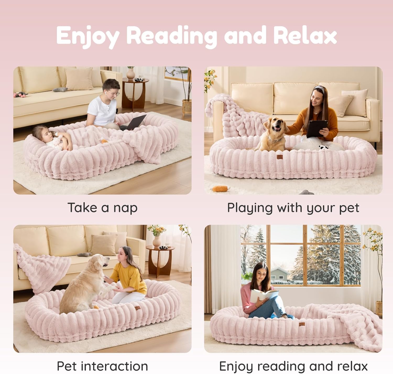 Human Dog Bed for Adult - Luxury Striped Faux Fur Giant Dog Bed with Portable Handle, Egg Orthopedic Foam Pad with Thick Warm Blanket, Pink