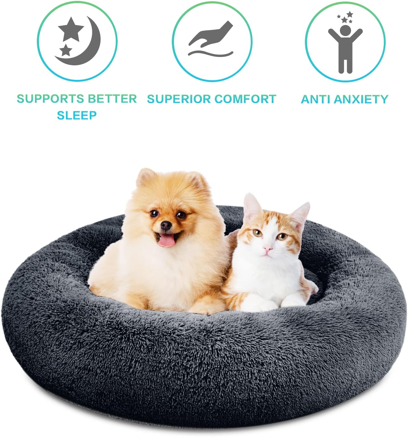 Plush Calming Donut Dog Beds for Small Dogs, Medium, Large & X-Large Breeds, Comfy Cuddler Dog Bed and Cat Bed in Faux Fur, Washable, Multiple Sizes S-XXL