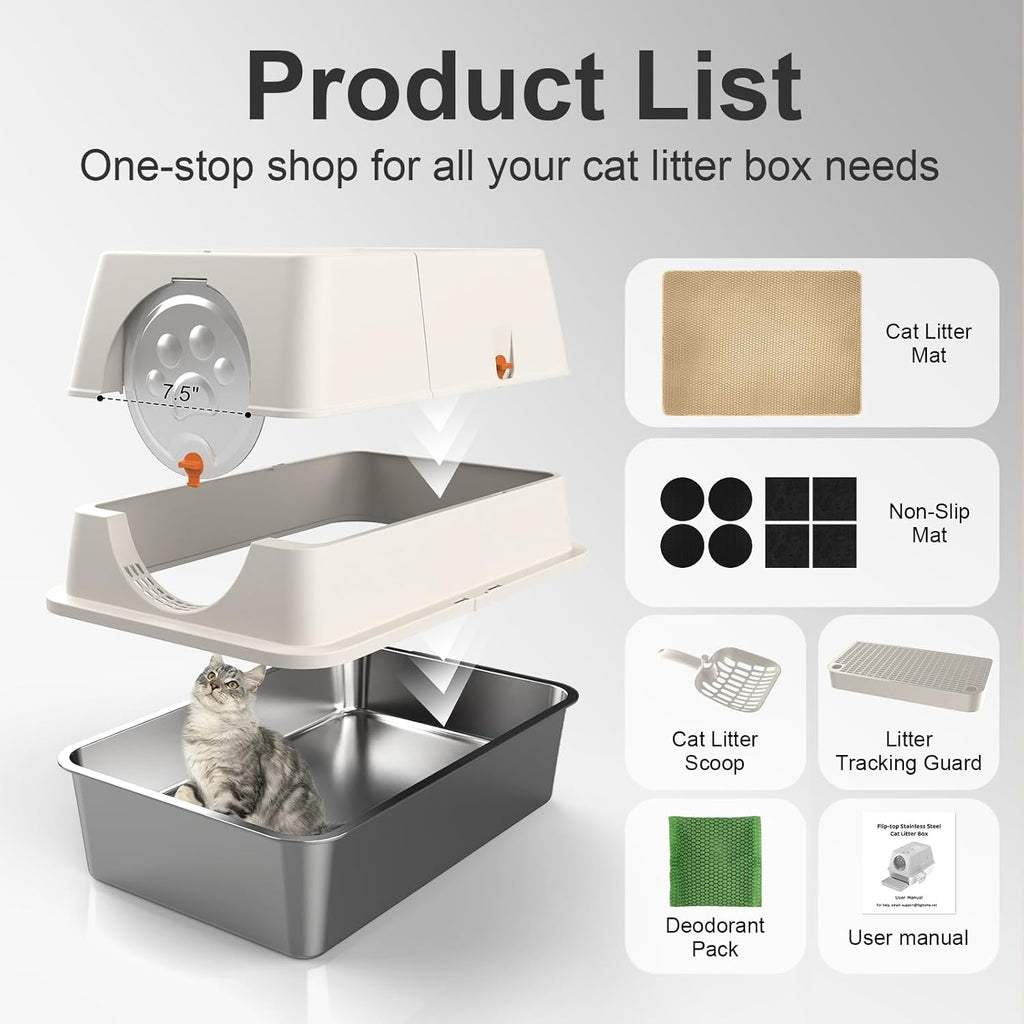 Steel Litter Box with Lid XL Extra Large Litter Box Enclosed Top Entry Metal Litterbox for Big Cats Easy Cleaning Less Leakage & High Sided with Mat Aisle & Scoop