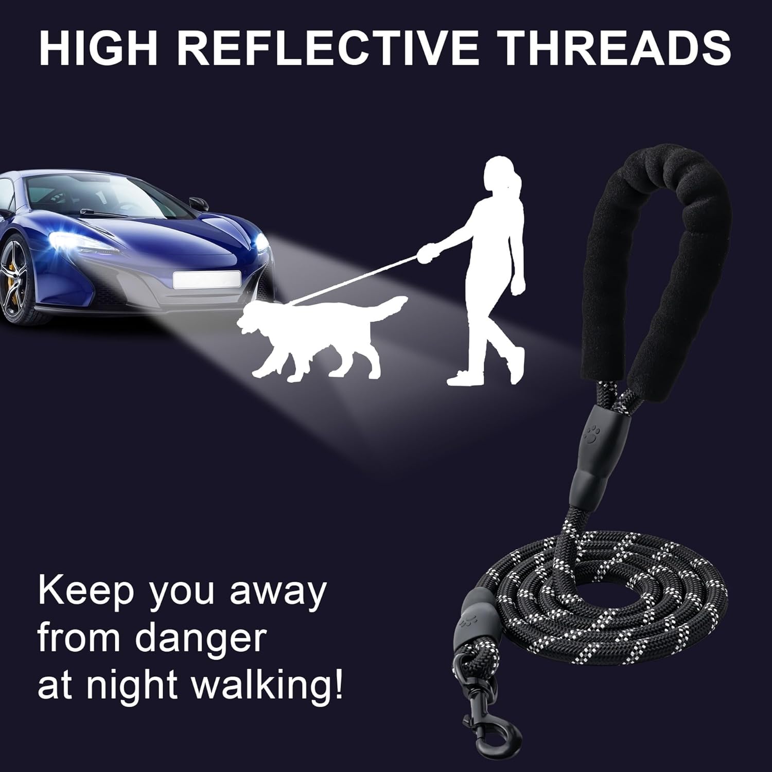 2 Pack Dog Leash, 4/5//6 FT Heavy Duty Nylon Rope Pet Leashes with Comfortable Padded Handle, Reflective Dog Leashes for Small Medium and Large Dogs
