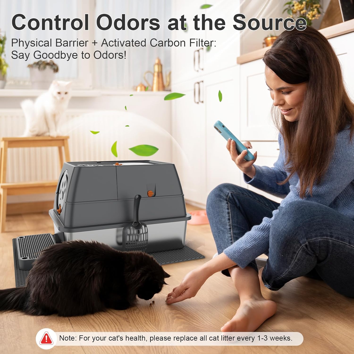 Steel Litter Box with Lid XL Extra Large Litter Box Enclosed Top Entry Metal Litterbox for Big Cats Easy Cleaning Less Leakage & High Sided with Mat Aisle & Scoop