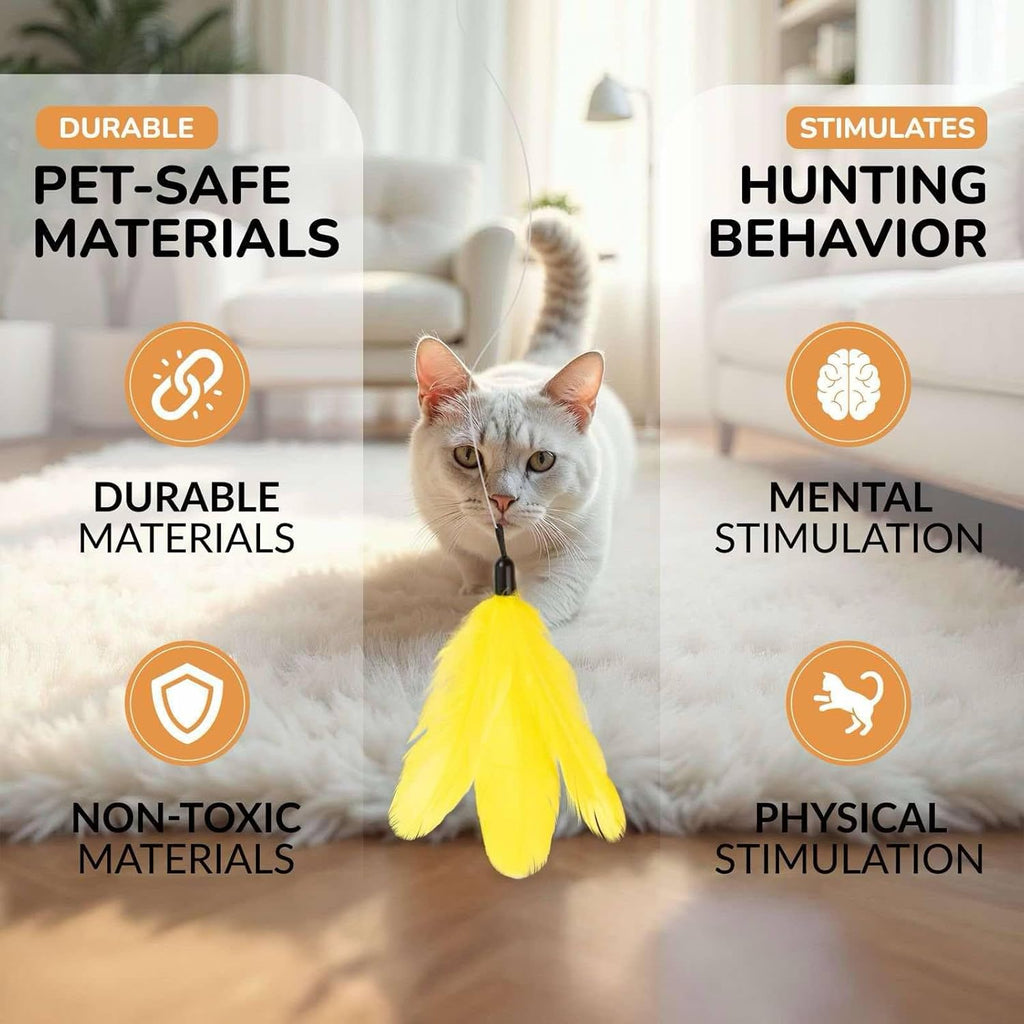 Interactive Cat Toys - Retractable Feather Wand with Refill Set 12PCS - Perfect for Indoor Cats to Chase, Exercise & Bond with Their Owners