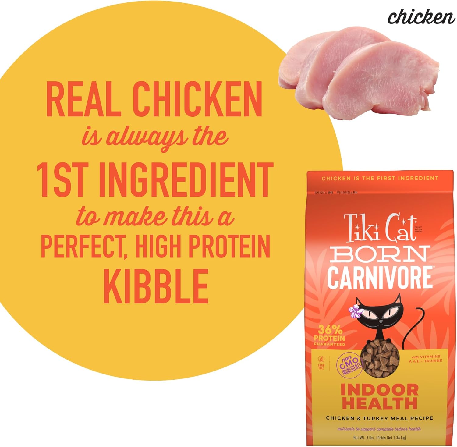 Cat Born Carnivore High Protein, Indoor Health, Chicken and Turkey Meal Recipe, Grain-Free Baked Kibble to Maximize Nutrients, Dry Cat Food, 3 lb. Bag