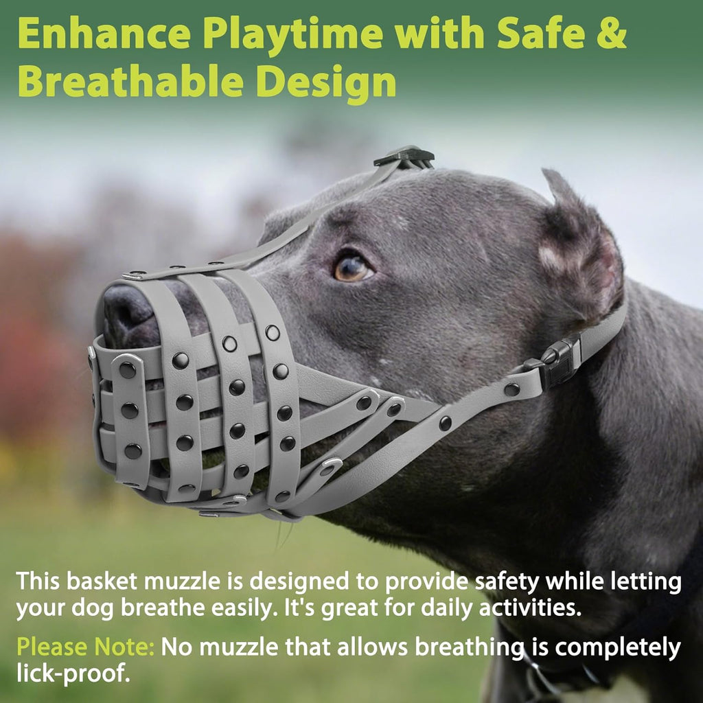 Pitbull Muzzle, Lightweight Basket Muzzle for Large Medium Dogs Rottweiler Amstaff to Prevent Biting Eating, Safe for Grooming Vet Visits Training, Allows to Pant Drink, Adjustable & Sturdy