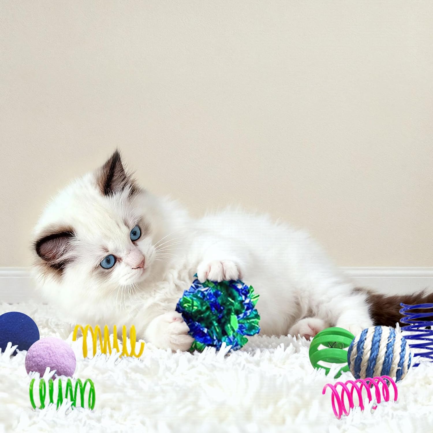 Cat Toys for Indoor Cats, 35 Packs Interactive Cat Toys Set with Colorful Springs, Mouse Cat Toy, Crinkle, Sisal, Pompom and Color Bell Balls for Kittens