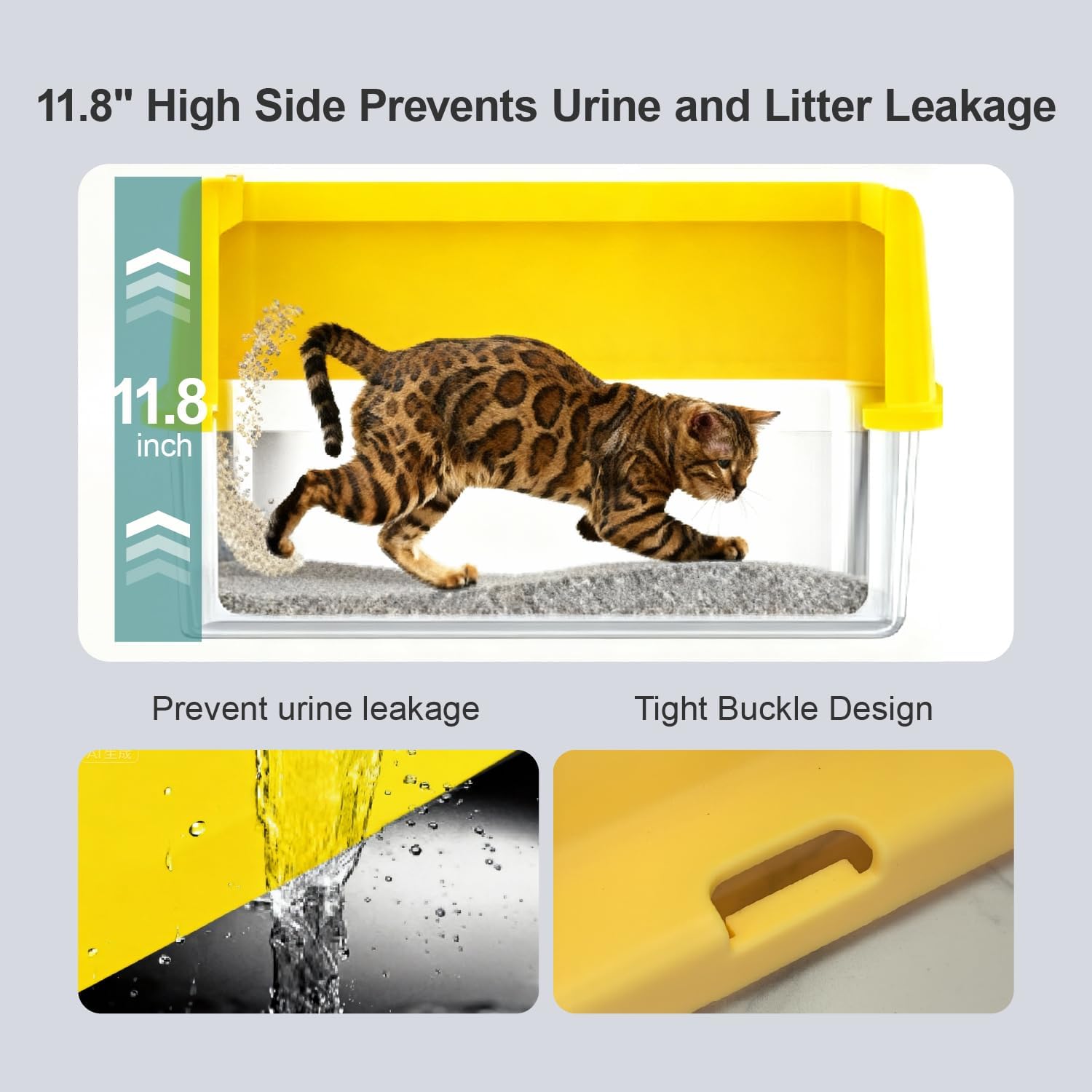 Cat Litter Box, Open Top High-Sided Metal Litter Box with Scoop, Extra Large Litter Boxes for Kitty Kitten and Big Cats, Anti-Urine Leakage, Non-Sticky, Easy to Clean (Yellow)