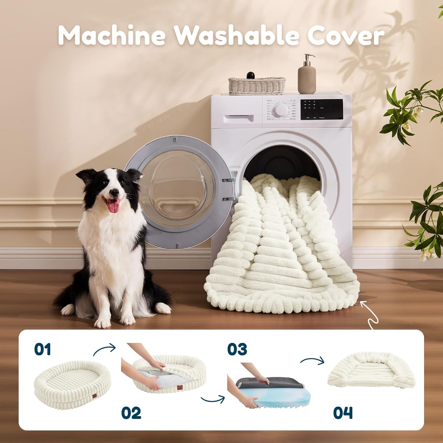 Human Dog Bed for Adult - Luxury Striped Faux Fur Giant Dog Bed with Portable Handle, Egg Orthopedic Foam Pad with Thick Blanket, , Cream