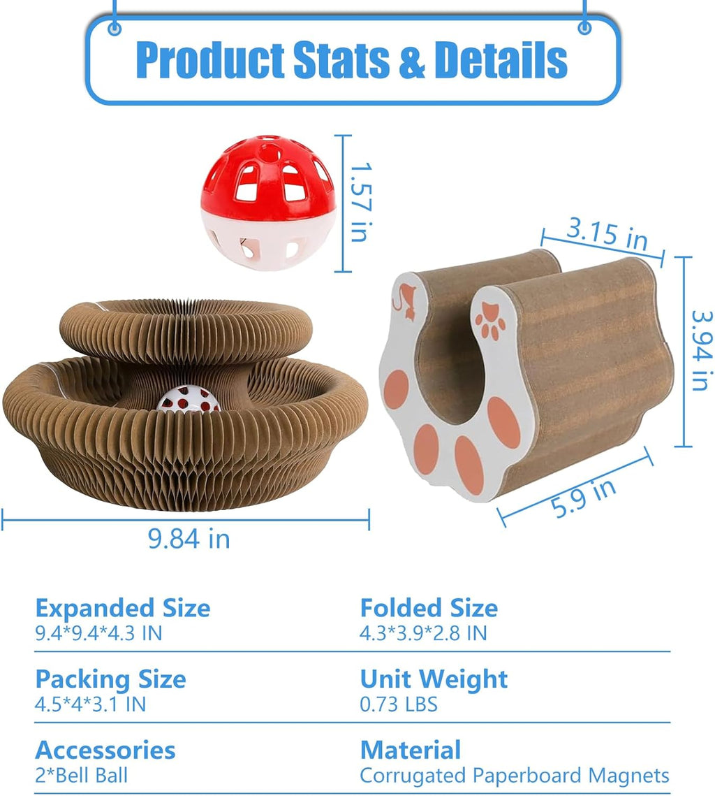 2-Pack Kitty Kurls Cat Scratcher – Foldable Magic Organ Cat Scratcher Board, Reversible Corrugated Cardboard Kitty Scratching Toy with 2 Bell Balls for Indoor Exercise