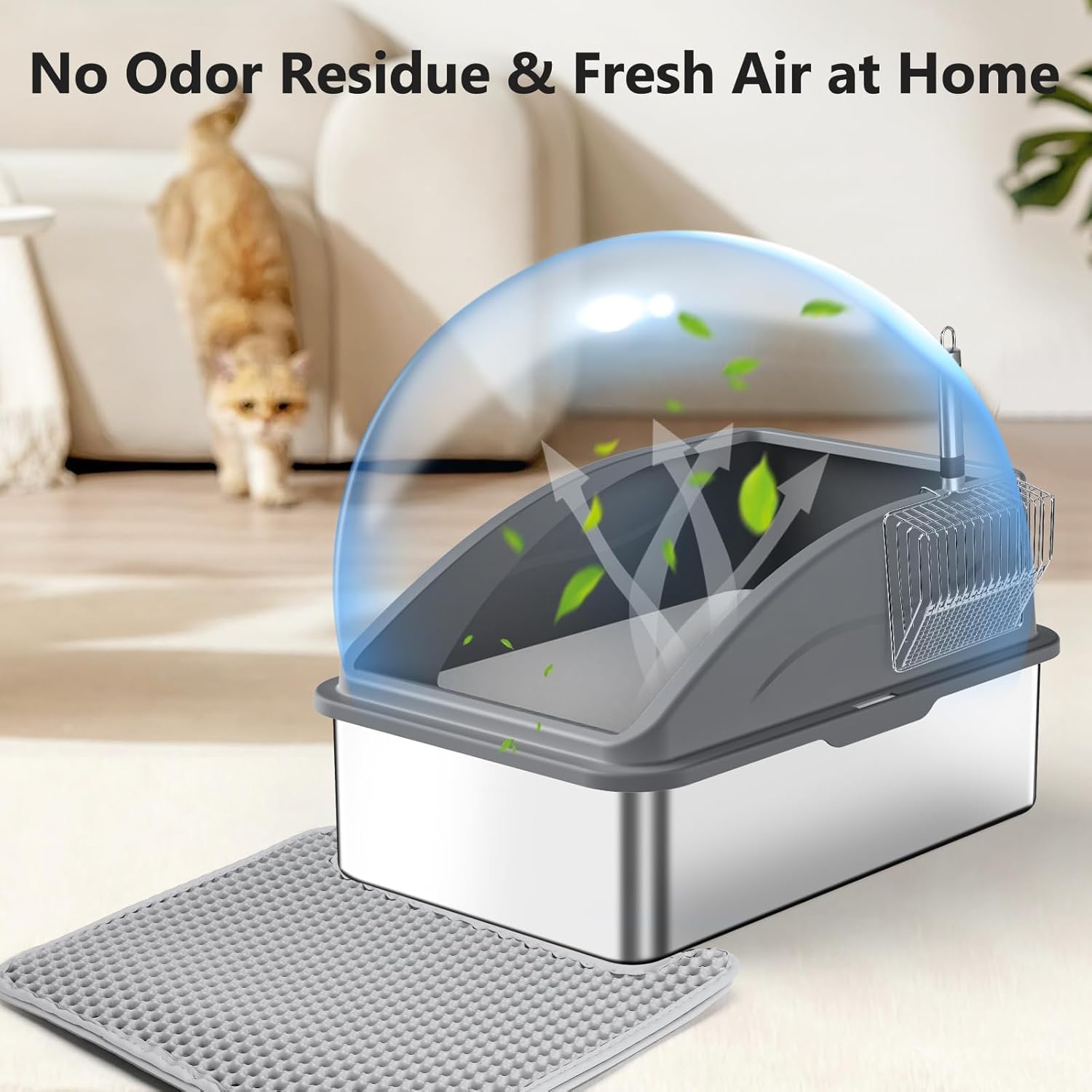 Steel Litter Box, Extra Large Litter Boxes for Big Cats, XL Metal Cat Litter Box with Lid, Anti-Urine Leakage, Non-Sticky, Include Cat Mat and Litter Scoop