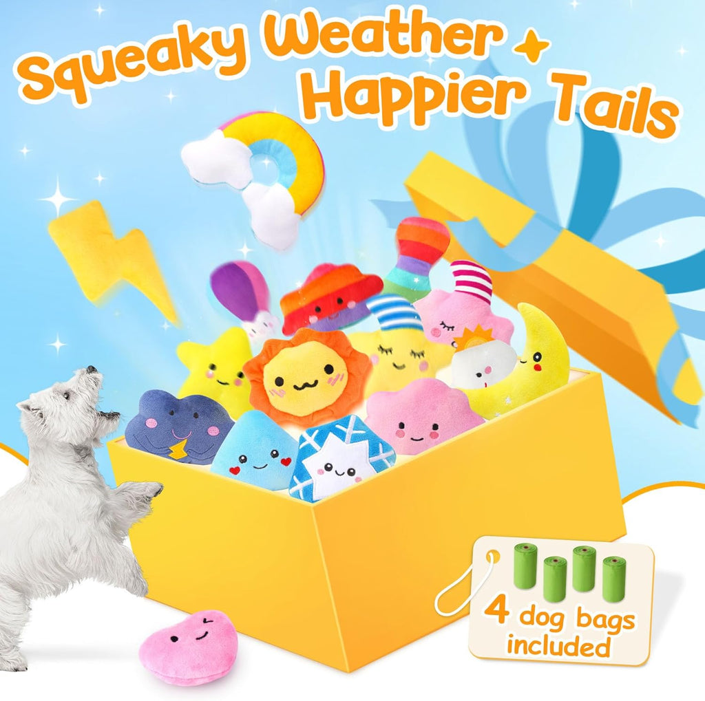 Irresistible Weather-Themed 20-Pack Squeaky Dog Toys Set for Small Dogs & Puppies, Included 16 Plush Toys with Vibrant Characters to Keep Them Busy & 4 Dog Bags