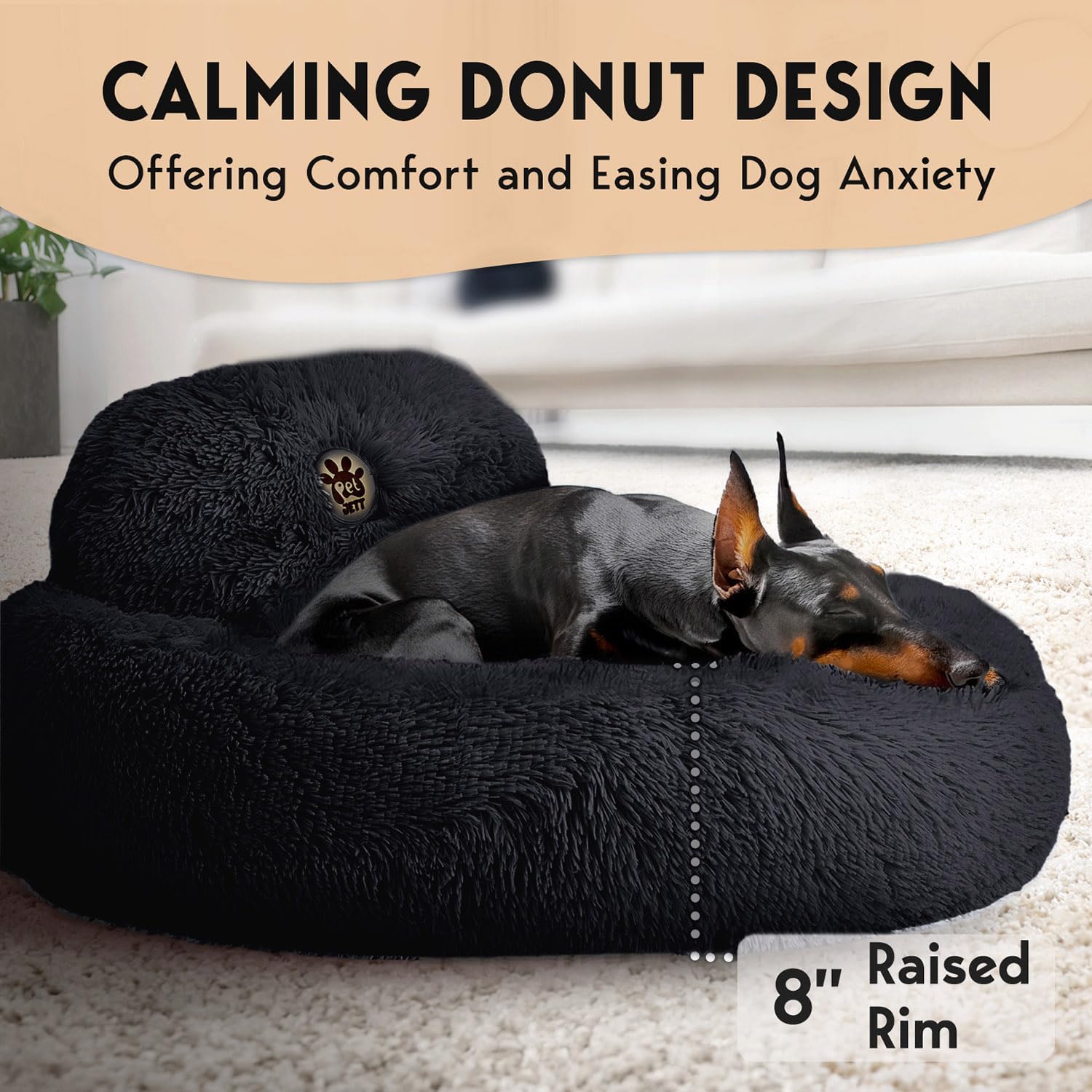 Calming Donut Dog Bed – Fluffy Faux Fur, Anti-Slip (Black)