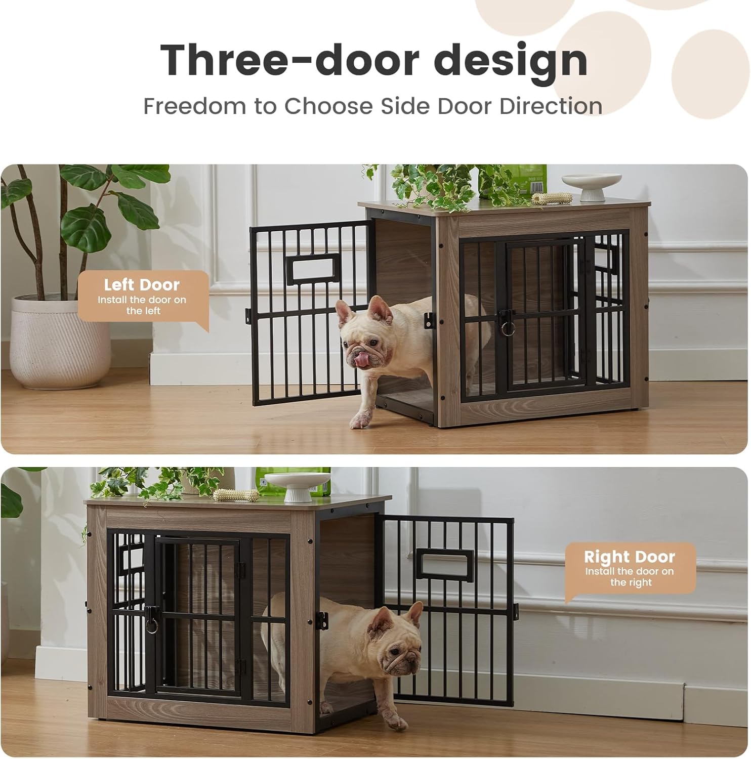 Heavy Duty Dog Crate Furniture for Puppy/Small Dogs, Decorative Pet House End Table with 3 Doors, Wooden Cage Kennel Furniture Indoor, Rustic Grey - Without Bowls