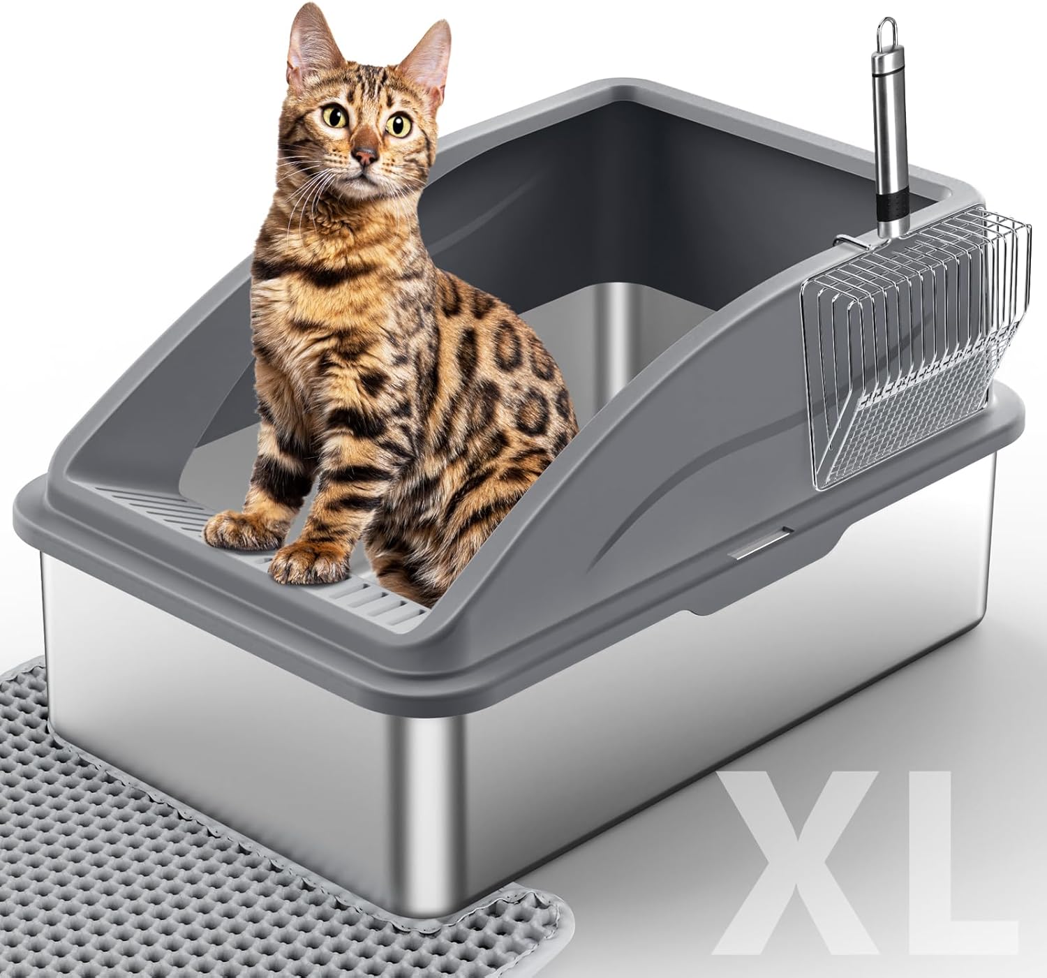 Steel Litter Box, Extra Large Litter Boxes for Big Cats, XL Metal Cat Litter Box with Lid, Anti-Urine Leakage, Non-Sticky, Include Cat Mat and Litter Scoop