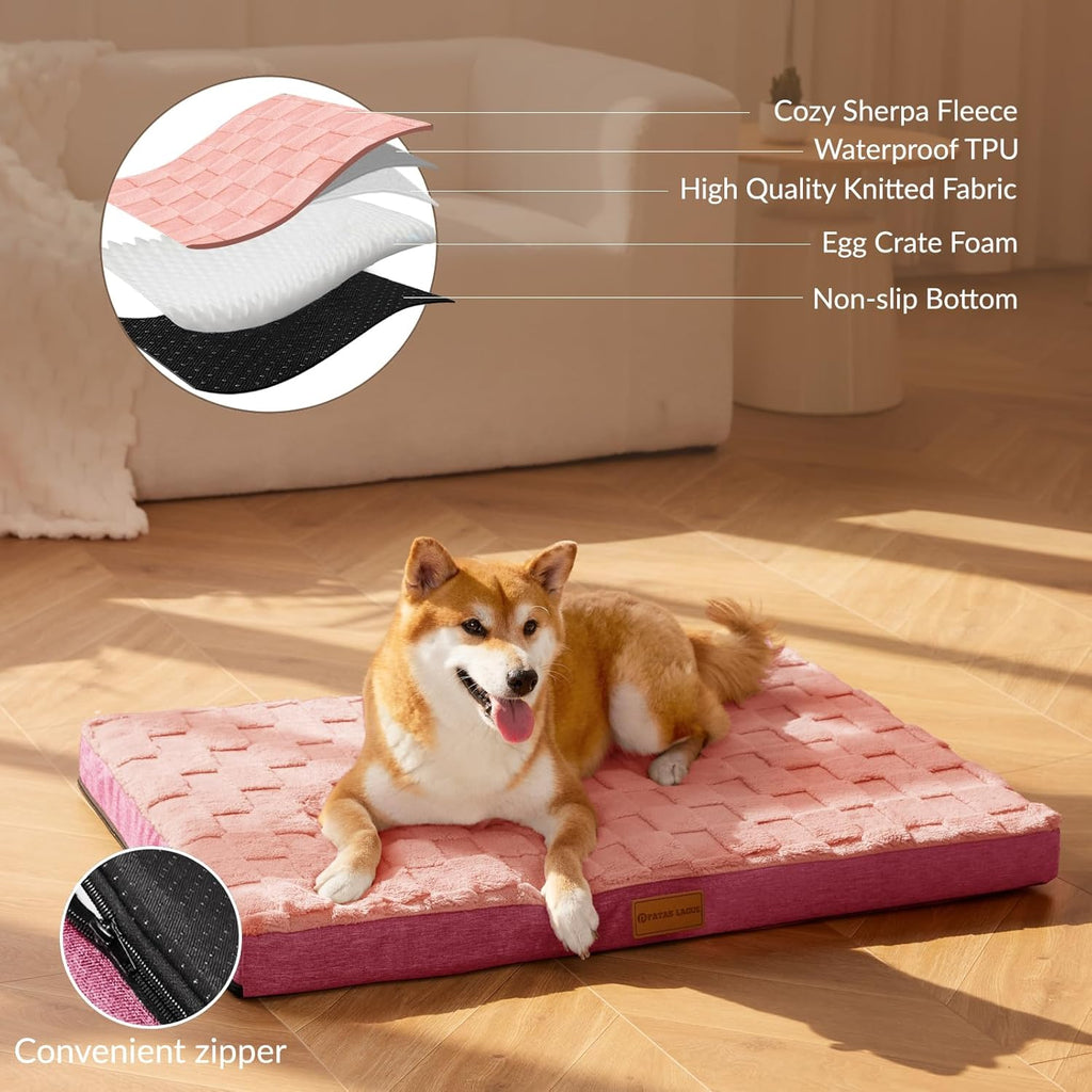 Orthopedic Dog Bed Waterproof Soft Comfortable Egg Crate Foam Large Pet Beds Crate Mat with Removable Washable Cover and Nonskid Bottom,(Pink)
