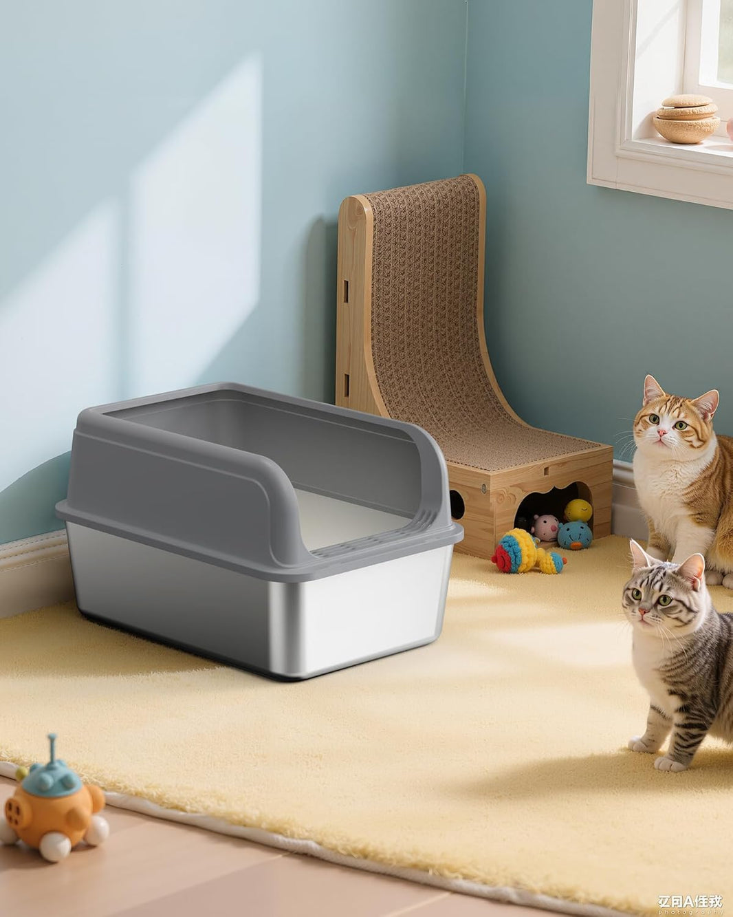 Stainless Steel Cat Litter Box with Scoop – Non-Stick (Grey)