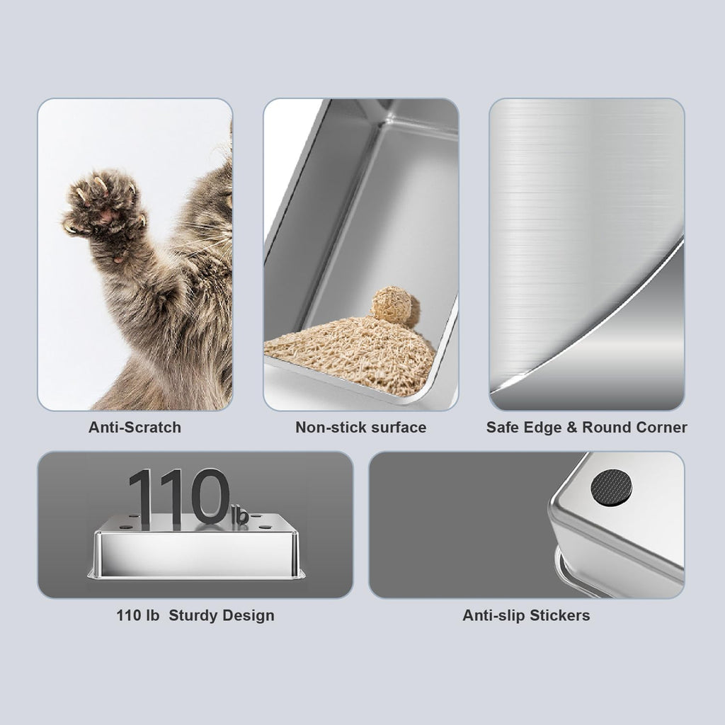 Cat Litter Box, Open Top High-Sided Metal Litter Box with Scoop, Extra Large Litter Boxes for Kitty Kitten and Big Cats, Anti-Urine Leakage, Non-Sticky, Easy to Clean (Grey)