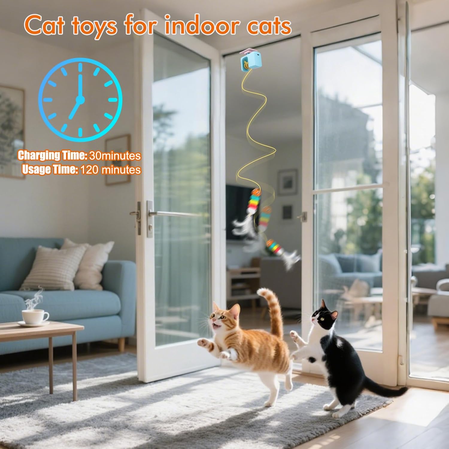 Interactive Cat Toys for Indoor Cats,Automatic Cat Hanging Toys for Bored Indoor Adult Cats, Caterpillar and Flying Bird Toy for Door Frame, Self-Play Pet Chase Toy-Blue