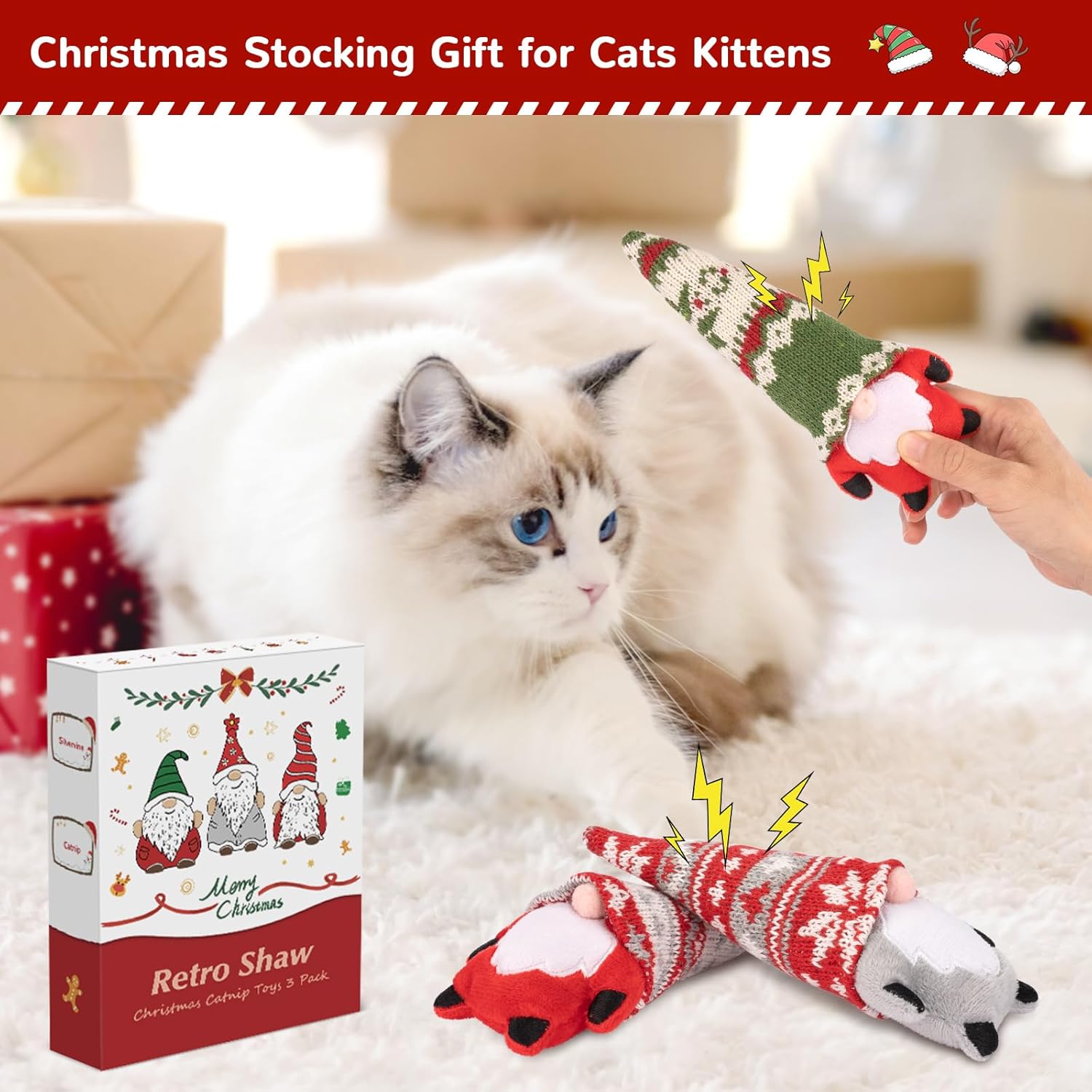 Christmas Cat Toys, Xmas Catnip Toys for Indoor Kitten Kitty, Safe Kitten Teeth Cleaning Toy, Interactive Cat Chew Kitty Kicker Toy Santa Claus