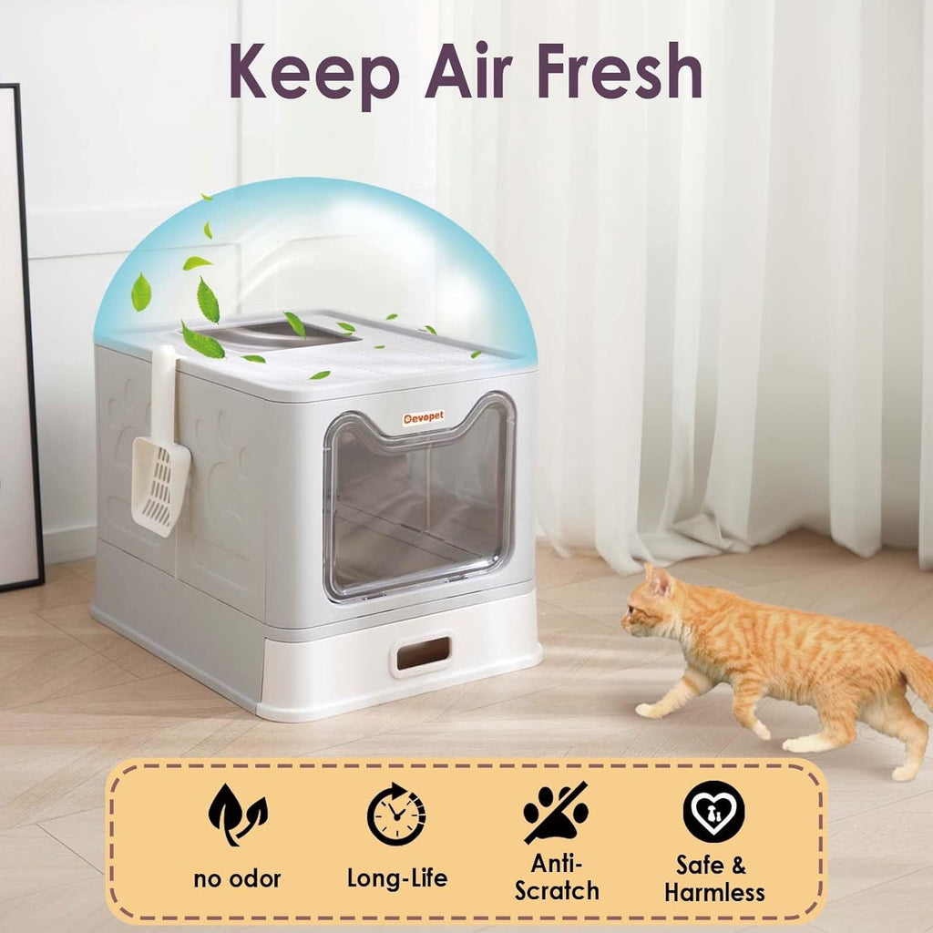 Stainless Steel Cat Litter Box with Lid, Enclosed Cat Litter Boxes, Covered Top Entry Litter Box, Foldable Large Metal Box with Cover