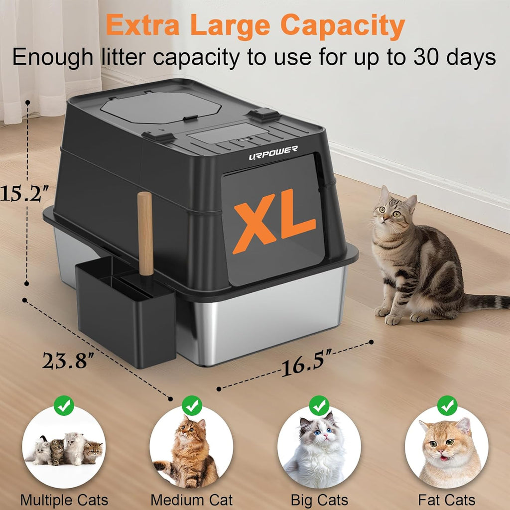 Stainless Steel Cat Litter Box with Lid 110° Flip-Top Extra Large Enclosed Litter Box Non-Sticky Metal Pan with High Sided & Scoop, Odor Free, Front & Top Entry, Anti-Leakage, Easy Cleaning