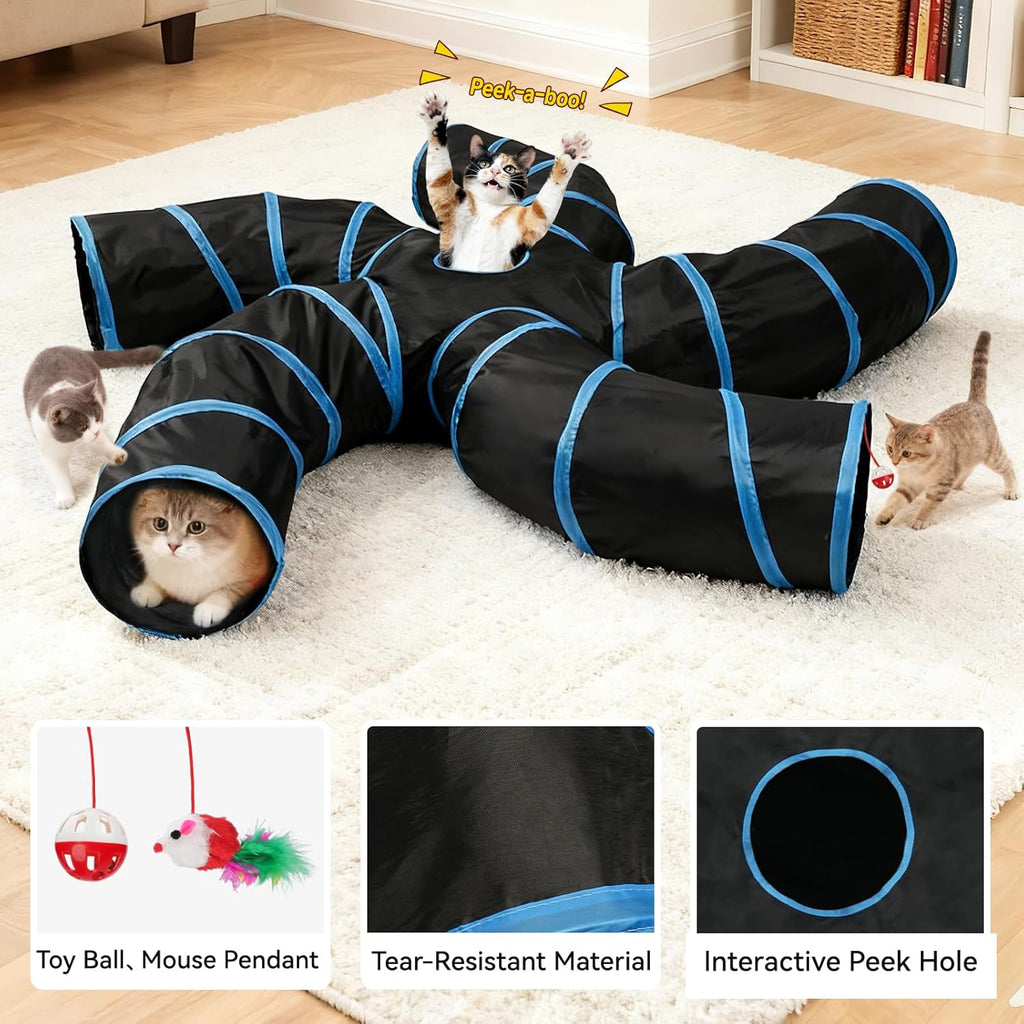 Cat Tunnels for Indoor Cats, Pet Tube Toy with Bell Ball and Toy Mouse, S-Shape Collapsible Tunnel with Interactive Hole for Kitty, Kitten, Rabbit, Puppy (Blue&Black)