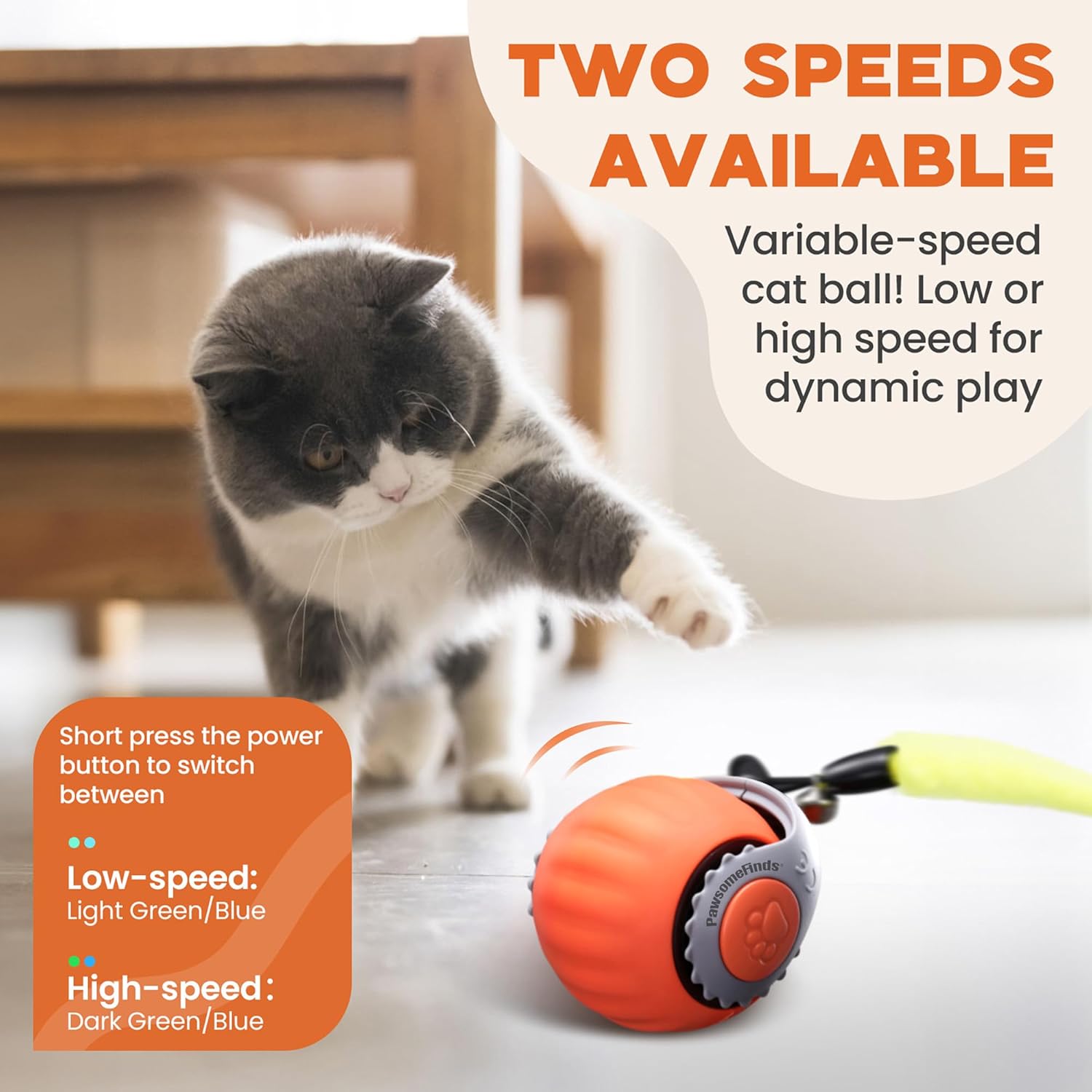 2 Pack Interactive Cat Toy for Indoor Cats, Two Speed Smart Automatic Cat Toy Moving Ball with Tail, Rechargeable Motion Activated Cat Toys for Bored Indoor Adult Cats(Orange & Blue)