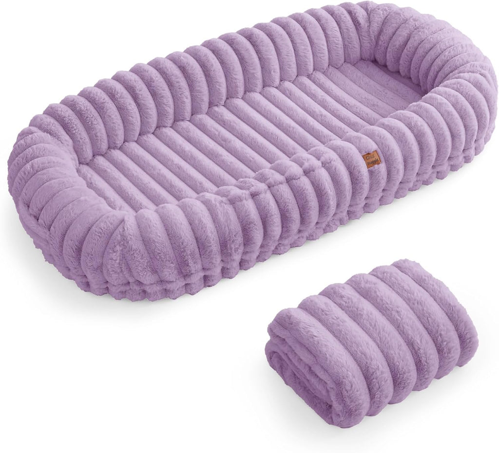 Human Dog Bed for Adult - Luxury Striped Faux Fur Giant Dog Bed with Portable Handle, Egg Orthopedic Foam Pad with Thick Blanket,, Purple
