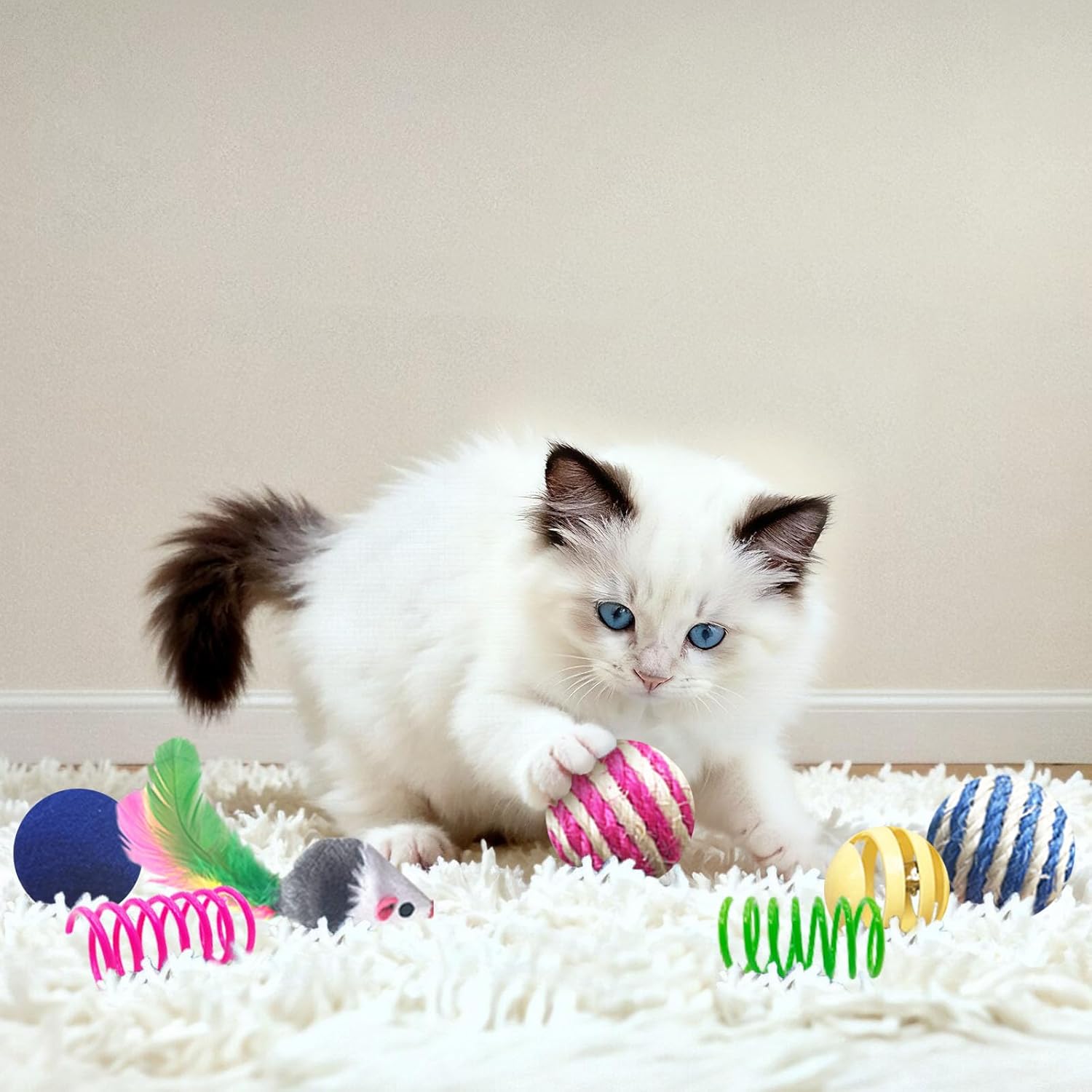 Cat Toys for Indoor Cats, 35 Packs Interactive Cat Toys Set with Colorful Springs, Mouse Cat Toy, Crinkle, Sisal, Pompom and Color Bell Balls for Kittens