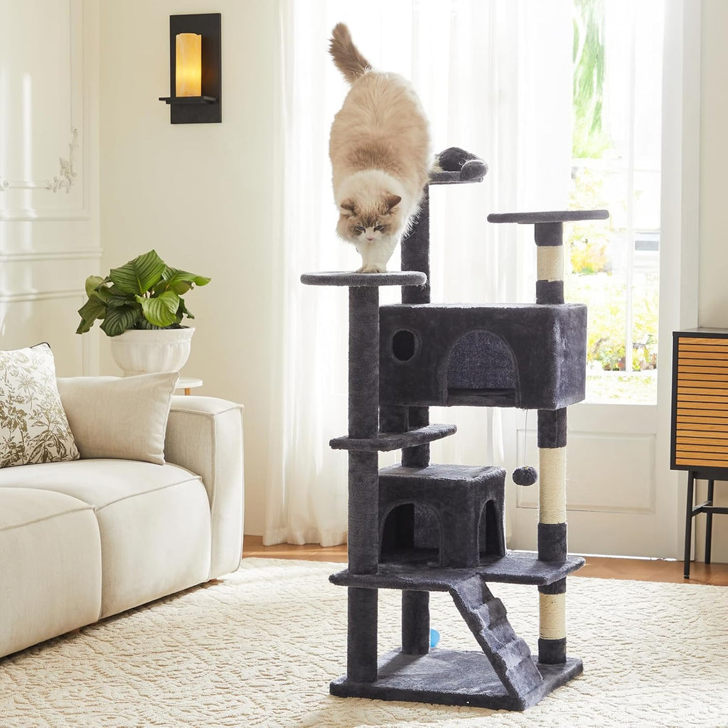 54 Inch Cat Tree Tower, Multi-Level with Cat Scratching Post, Indoor Cat Condo with Climbing Ladder, Plush Toy, Play House for Cat, Dove Grey