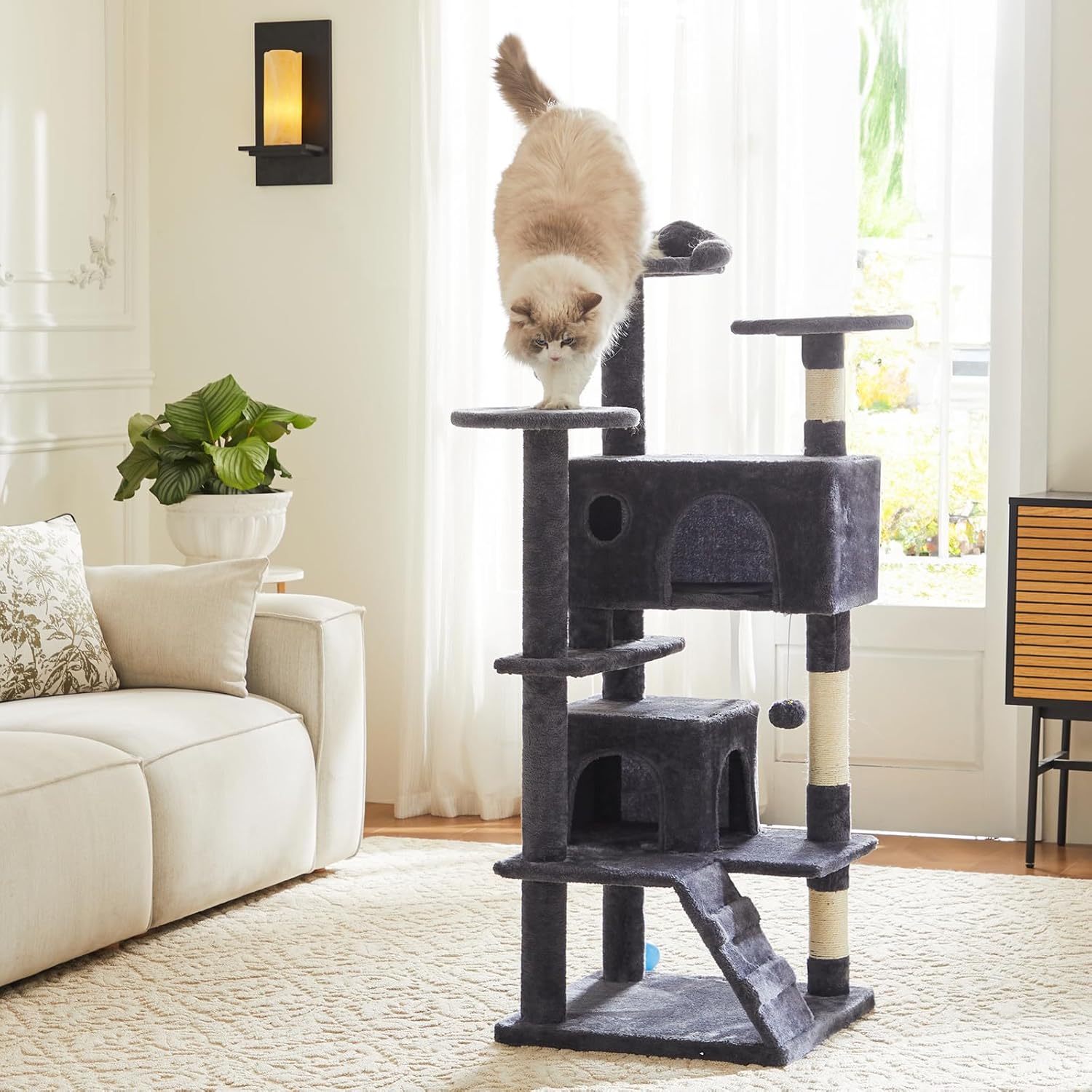 54 Inch Cat Tree Tower, Multi-Level with Cat Scratching Post, Indoor Cat Condo with Climbing Ladder, Plush Toy, Play House for Cat, Dove Grey
