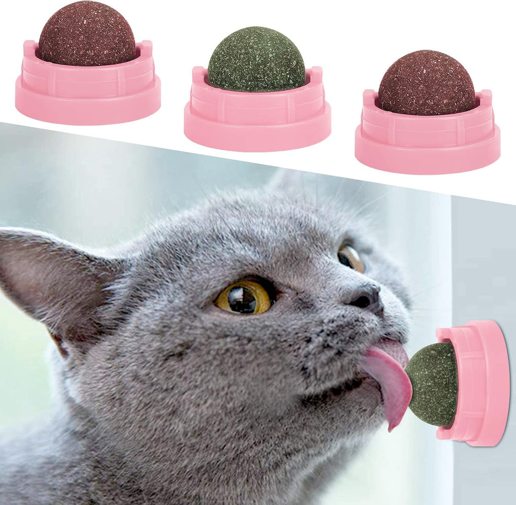3 Pack Catnip Balls, Catnip Ball for Cats Wall, Edible Kitty Toys for Cats Lick, Safe Healthy Kitten Chew Toys, Teeth Cleaning Dental Cat Toys, Cat Wall Treats (Pink)