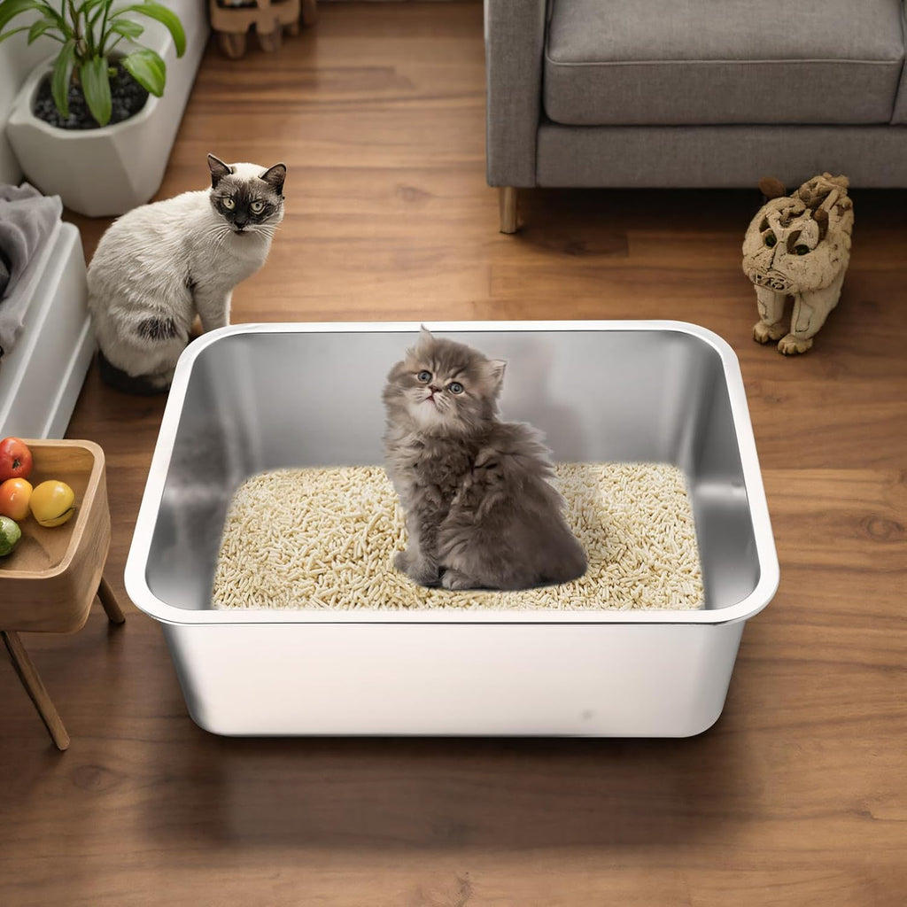 Cat Litter Box - Metal High-Sided Litter Pan for Cats, Rabbits, and Pets, Non-Stick, Odor-Free, Easy to Clean, Splash-Proof, Sturdy and Durable Indoor Cat Toilet Supplies