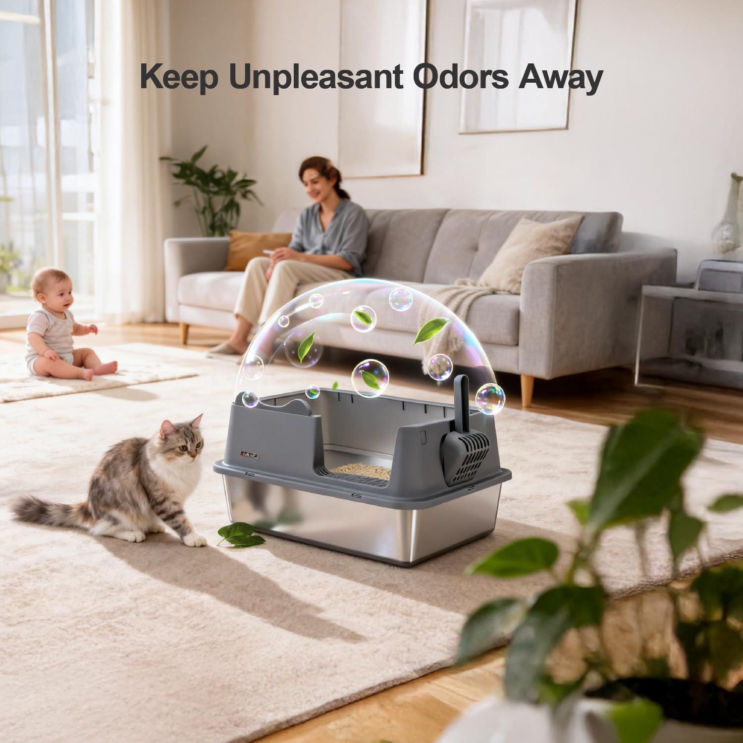 Cat Litter Box, Open Top High-Sided Metal Litter Box with Scoop, Extra Large Litter Boxes for Kitty Kitten and Big Cats, Anti-Urine Leakage, Non-Sticky, Easy to Clean (Grey)