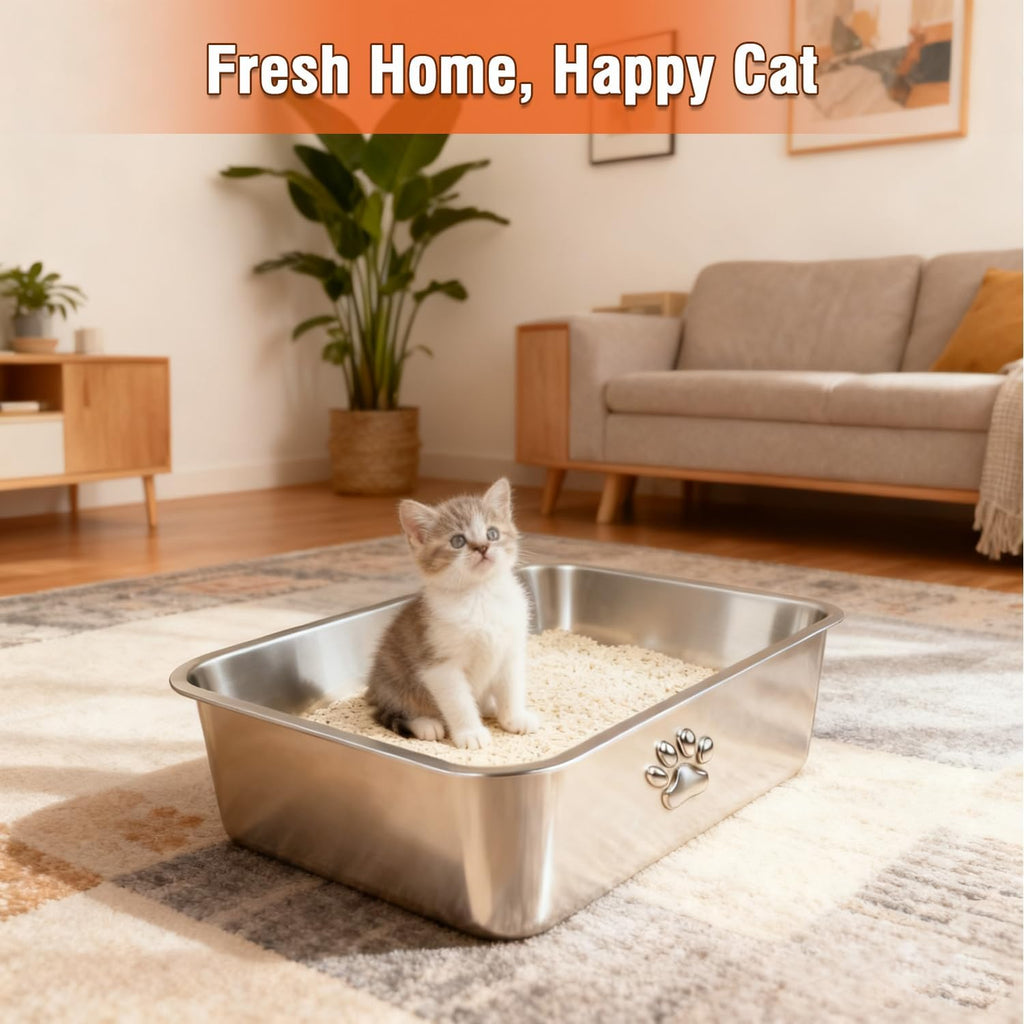 Steel Litter Box, Metal Cat Litter Box with High Sides, Never Absorbs Odors, Non-Stick, Easy to Clean, Small Litter Tray for Kittens, Litter Tray