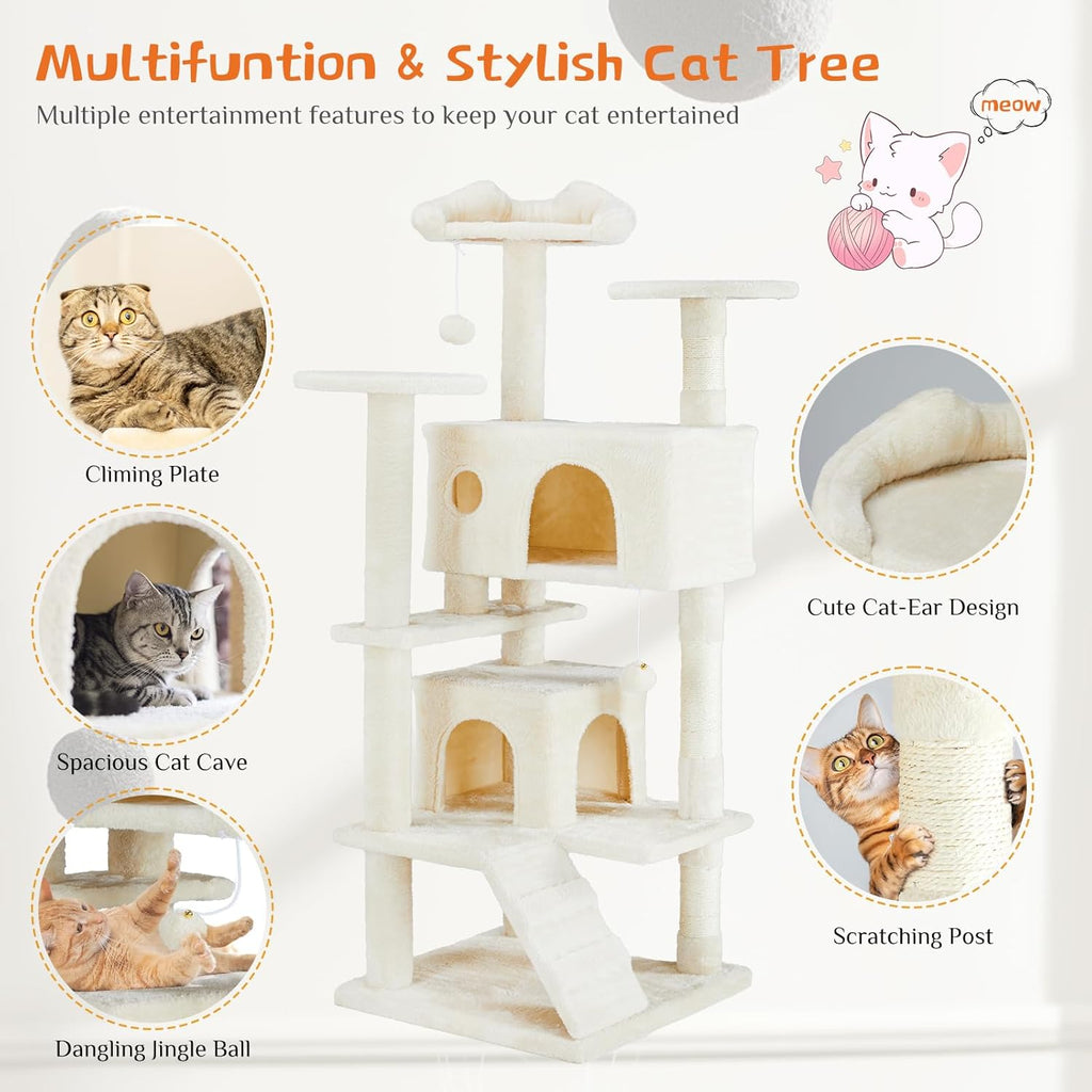 54 Inch Cat Tree Tower, Multi-Level with Cat Scratching Post, Indoor Cat Condo with Climbing Ladder, Plush Toy, Play House for Cat, Dove Beige