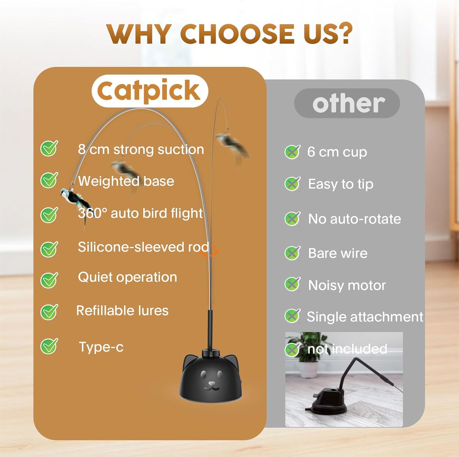 Interactive Cat Toys for Indoor Cats: Upgraded 360° Automatic Spin Flying Bird Feather Wand with Silicone Protected Rod Safe Play, Strong 8cm Suction Cup, USB-Rechargeable for Bored Kittens and Adult