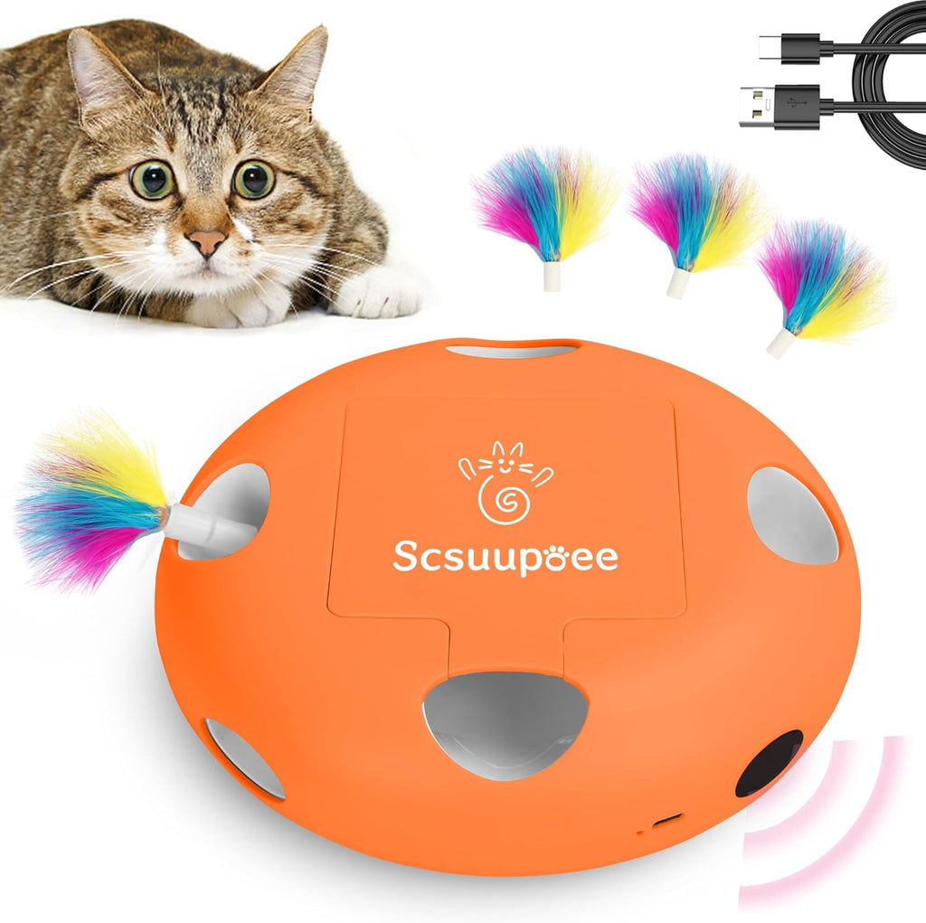 IInteractive Cat Toy, Electric Cat Toys for Moving Concealed Feathers, Smart Sensor 7 Holes Whack a Mole Feather Toy, USB Charge Automatic Kitten Toys,orange