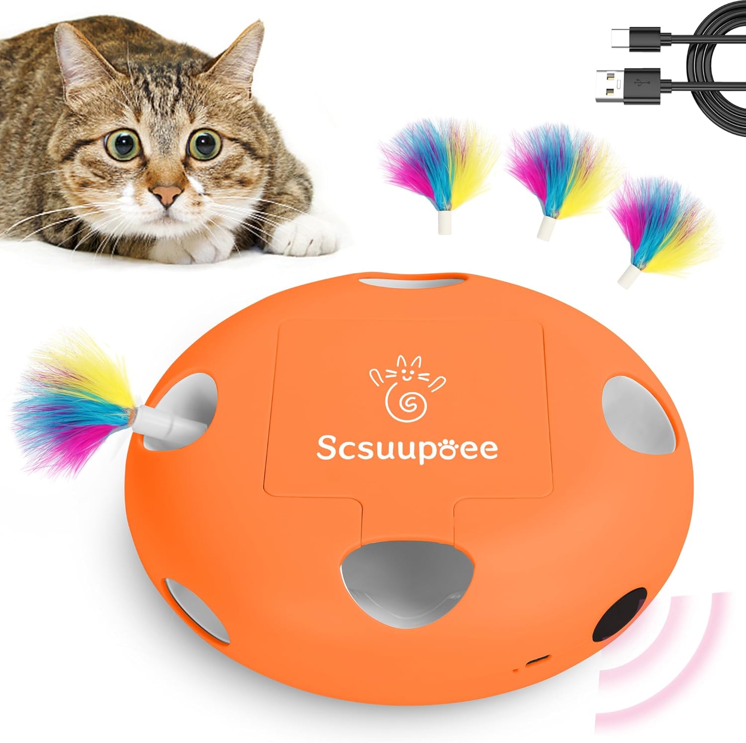 IInteractive Cat Toy, Electric Cat Toys for Moving Concealed Feathers, Smart Sensor 7 Holes Whack a Mole Feather Toy, USB Charge Automatic Kitten Toys,orange