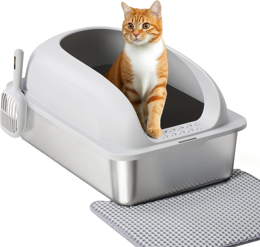 Stainless Steel Cat Litter Box with Lid, Large Cat Litter Box for Big Cats, High Wall Sides, Anti-Urine Leakage, Easy Cleaning, Scoop and Mat Included,light Grey