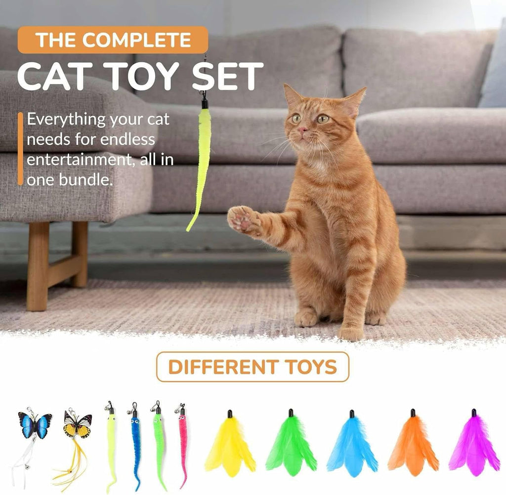 Interactive Cat Toys - Retractable Feather Wand with Refill Set 12PCS - Perfect for Indoor Cats to Chase, Exercise & Bond with Their Owners